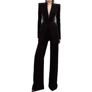 Customize New Design Spandex Rhinestone Button Zipper Pencil Pants Jacket Casual Two Piece White Plain Dyed Women's Blazer Suit