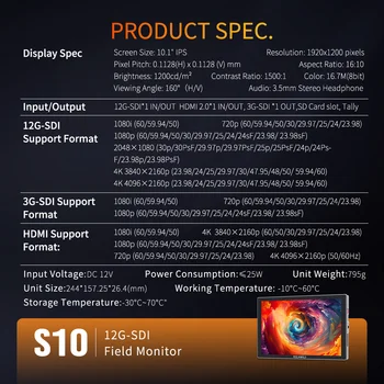 FEELWORLD S10 On-Camera DSLR Monitor 10-inch Touchscreen High Brightness 1200nit SDI HDMI2.0 Custom OEM Factory Wholesale detail image