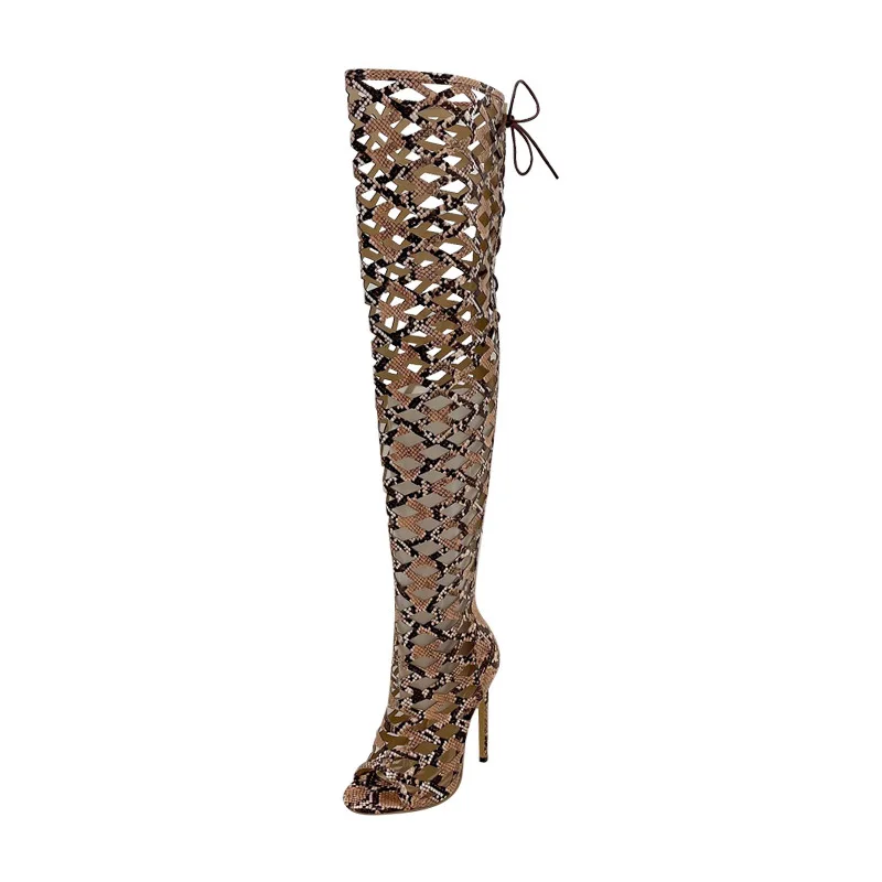 Snake Print Summer Ladies Hollow Out Over The Knee Highzipper And Lace Up Tie Peep Toe Women Thigh High Boots - Image 1