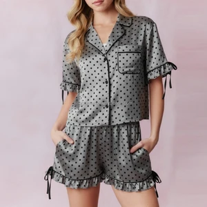 Short Sleeve Pajama Set Collar Shirt Top Shorts Dot Print Ruffle Sleepwear Women