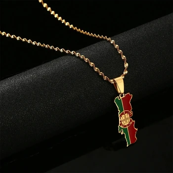 Stainless Steel Enameled Portugal Map Chain Necklace 18K Gold Plated Enamel Portugal National Flag Map Pendant Necklace