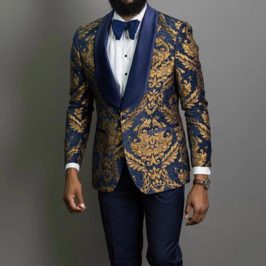 Navy and Golden Jacquard Wedding Tuxedo Men Suits With Matching Women Dress