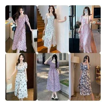 Cute design casual short-sleeved front bow floral print women's summer casual long dress