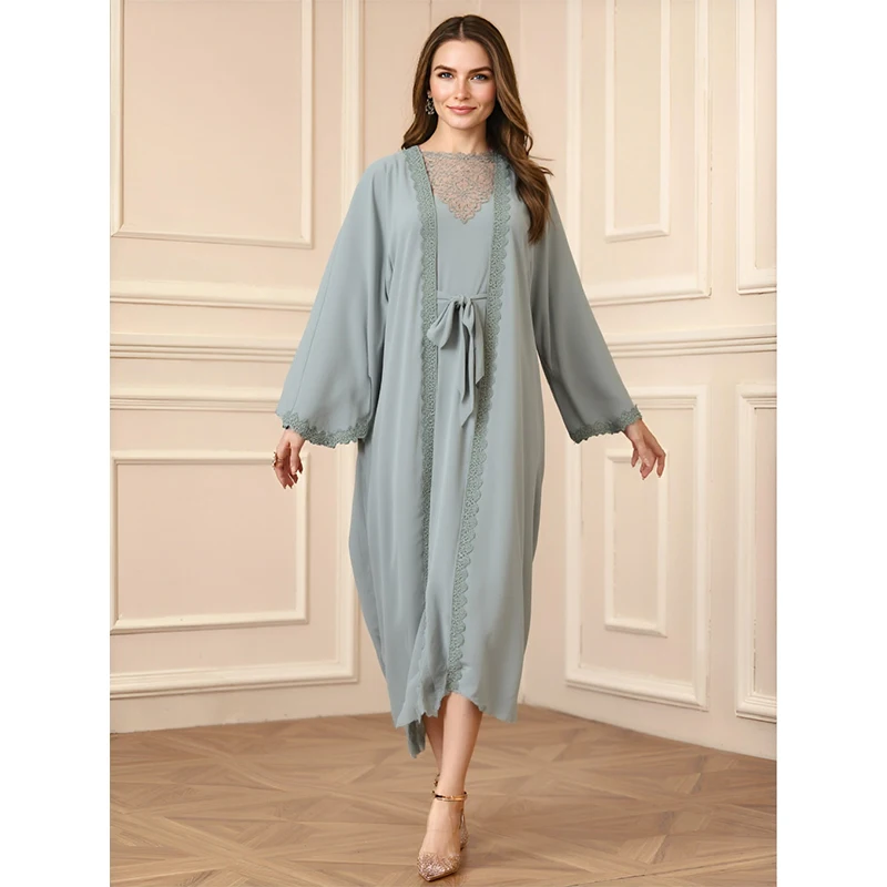 New Designs Eid Dubai Islamic Elegant Modest Abaya Women Muslim Dress Inner Slip Dress Abaya Set Embroider Satin Silk Open Abaya