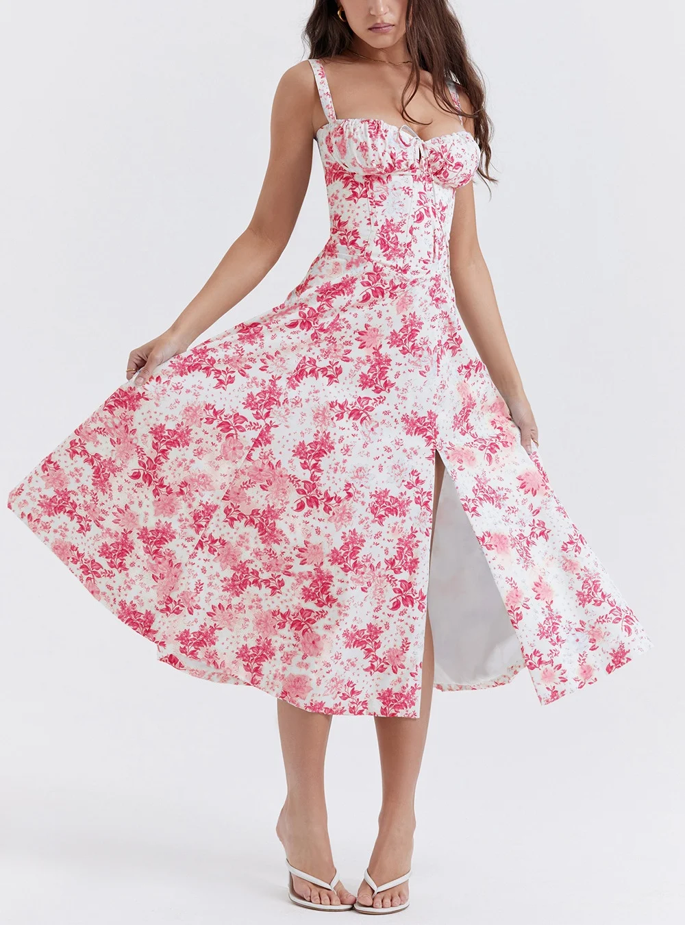 IYICLOTH Women's Tropical Print Spaghetti Strap Dress | A-Line With Thigh Split & Lace Trim, Summer Casual Dress - View #14