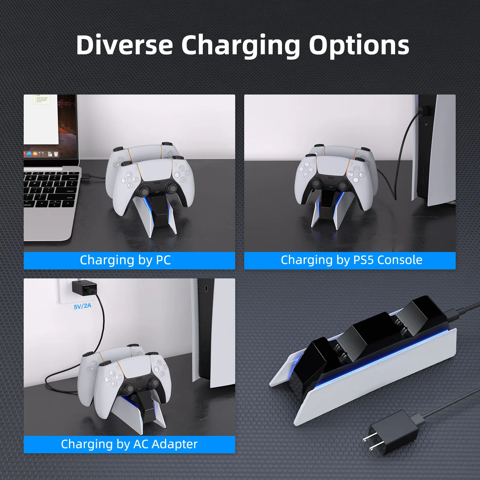 Afbptek Fast Charger Dock Edge Controller Charging Stand with Blue Light Bars for Playstation 5 Dualsense Controller