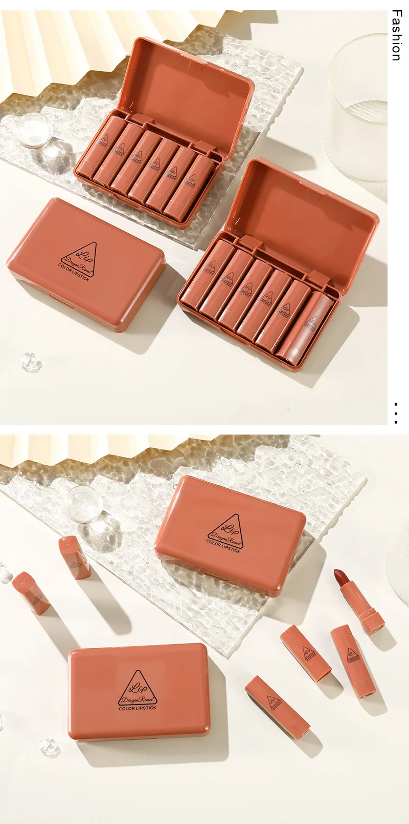 Dragonranee ODM Mini Cute Lipstick Sample Set 6 Vegan Nude Matte Lipsticks and Lip Gloss Lasting Pencil Form Box Packaging