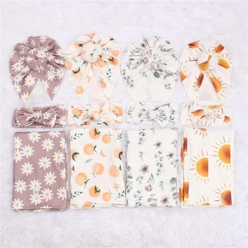 3 Pcs Set Newborn Printed Swaddle Wrapped Turban Hat Muslin Blanket Wrap Set Blankets And Towels For Baby Newborn Gift