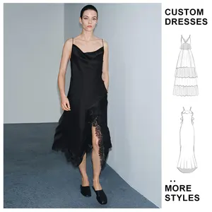 Custom Winter New Women's Series Casual Anti-Static Satin Texture Lace Sexy V-Neck Suspenders Elegant Female Midi  Long Dress