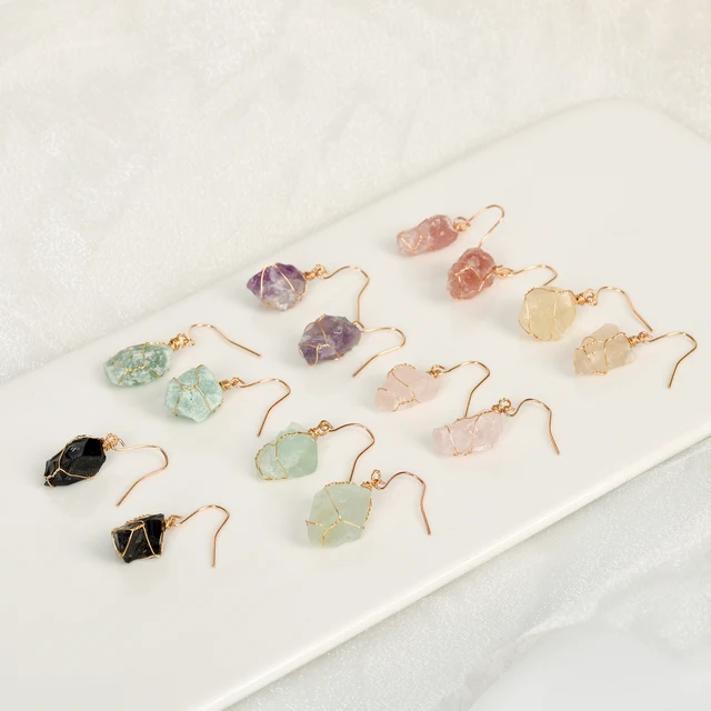 Hot Manufacturer Price Best Seller Irregular Wire-Wrapped Raw Crystal Earrings