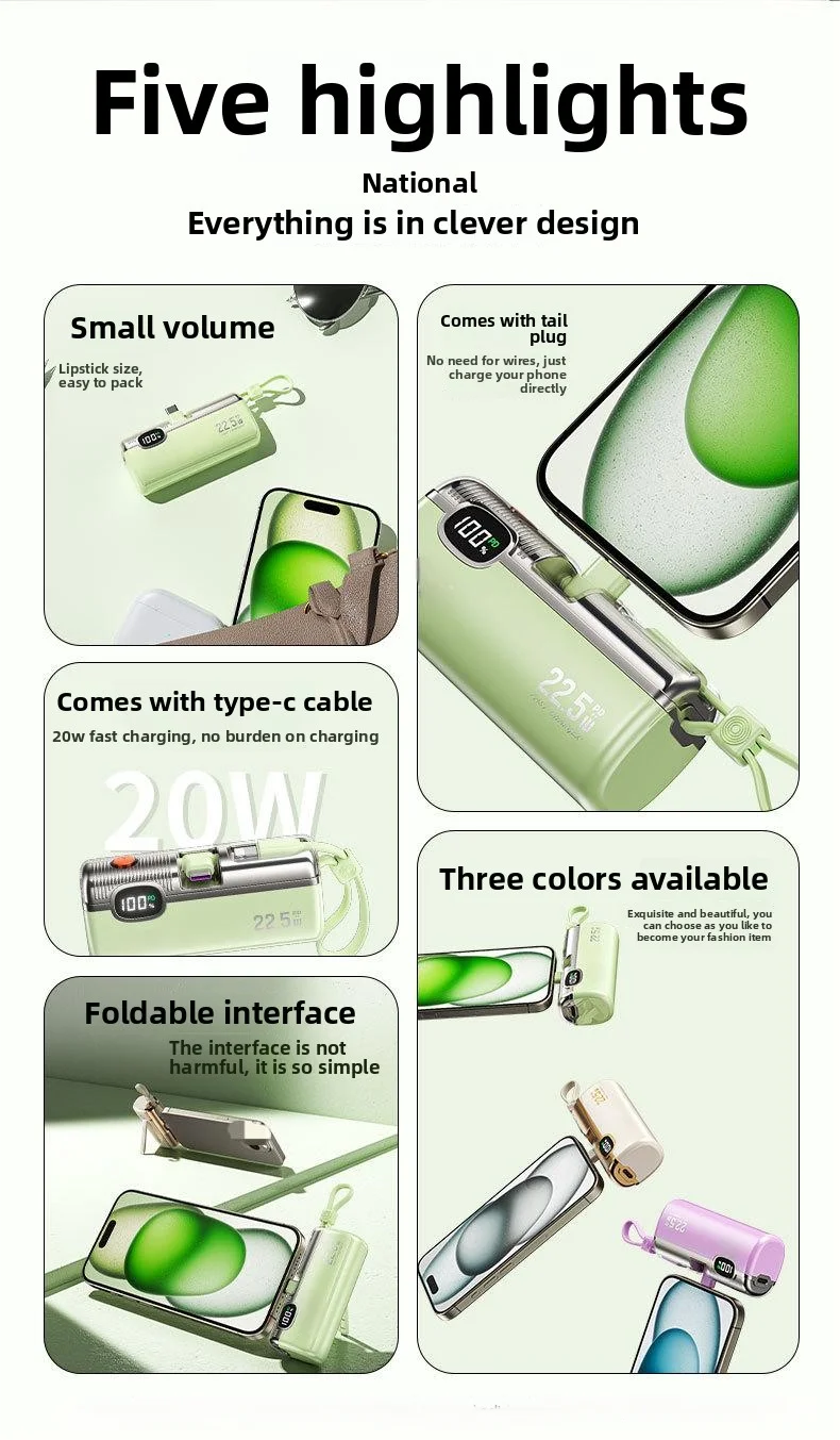 High Capacity 5000mAh Type-C Portable Charger Ultra Slim 18W Fast Charging Emergency Phone Power Banks with Holder Function