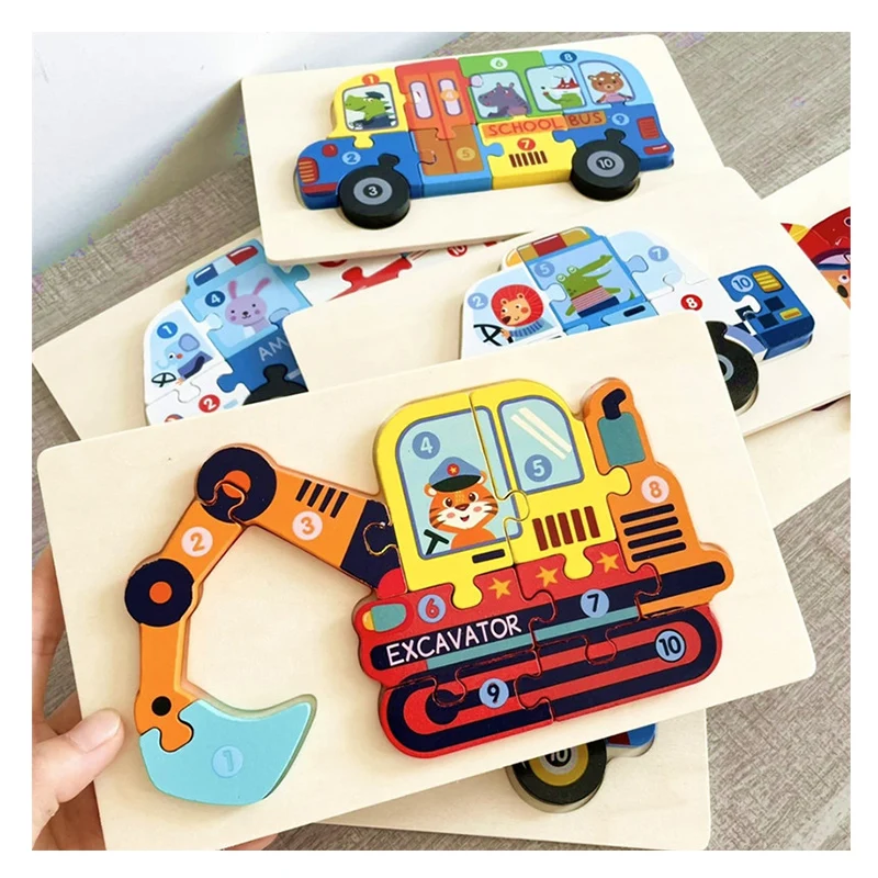 Free Custom Montessori Educational Toys 3D Wooden Vehicle Jigsaw Puzzles for 1 2 3 Years Old Boys Girls