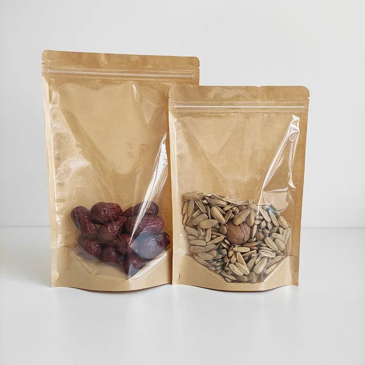 16x26cm tas kertas Kraft kerajinan penyangga Ziplock dapat ditutup kembali  ukuran sedang kosong dengan depan transparan