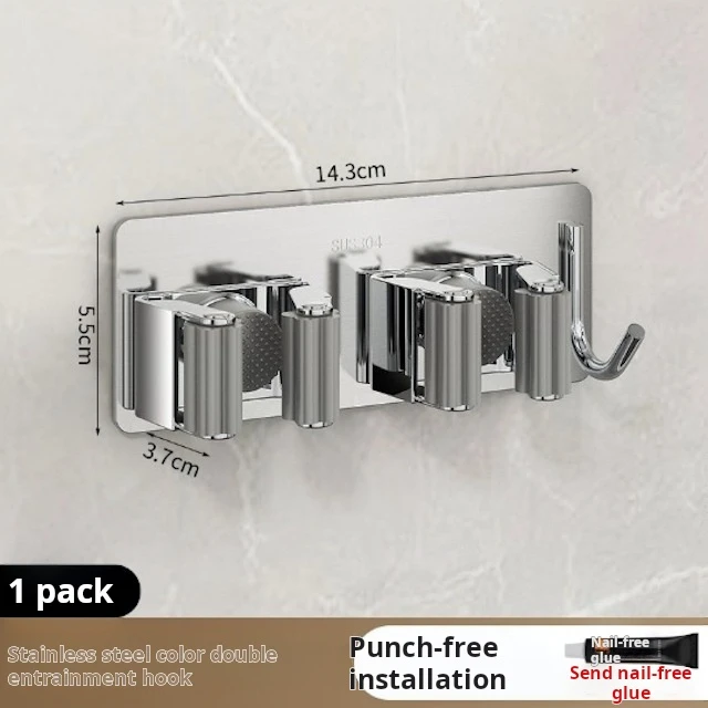 CUSTOM OEM Double Clip Mop Holder Wall Mount Space-Saving Stainless Steel Mop and Broom Holder with Hook Silver