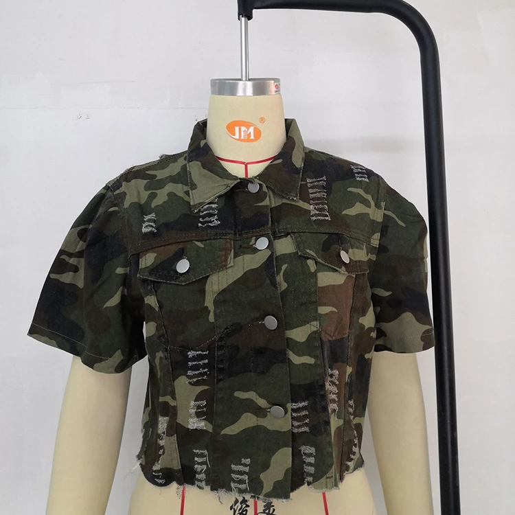 1041321 Fashionable Women Clothes 2021 Short  Sleeve Coat Camouflage Short Denim Jacket