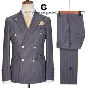 Genne Des GraoomNew Men's Decoration Gold Double-Breasted Six-Button Striped Business Office Suit Gray