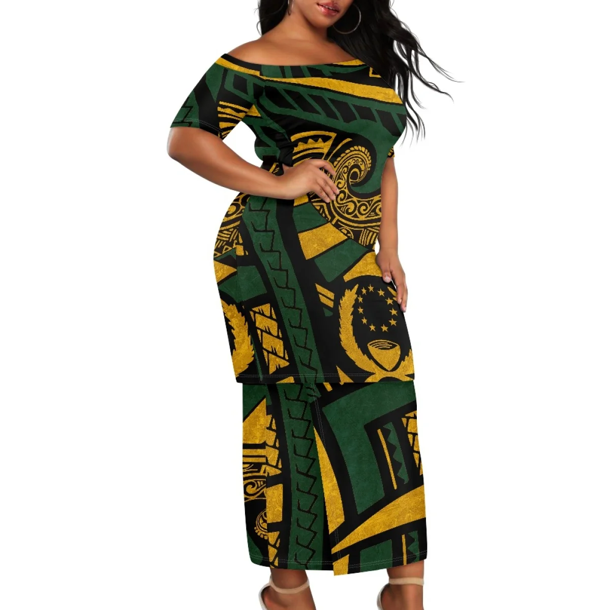 Chuuk State Woman Off Shoulder Long Dress Coat Of Arms Kakau Style Gold