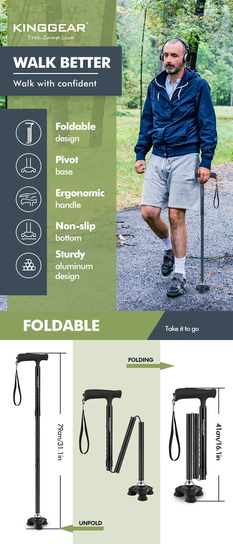 Kinggear Adjustable Folding Walking Canes 4section Aluminum Foldable