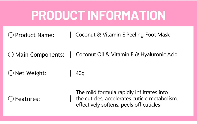 Wholesale Coconut & Vitamin E Peeling Foot Mask Sock with Hyaluronic Acid for Moisturize Smooth Repair and Soften Cracked Heels