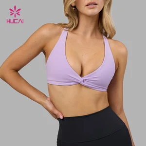 HUCAI Custom logo New Breathable Gym Top Fitness Sexy Thin Strap Twist Open Cross Back Backless Yoga Sports Bra for Women