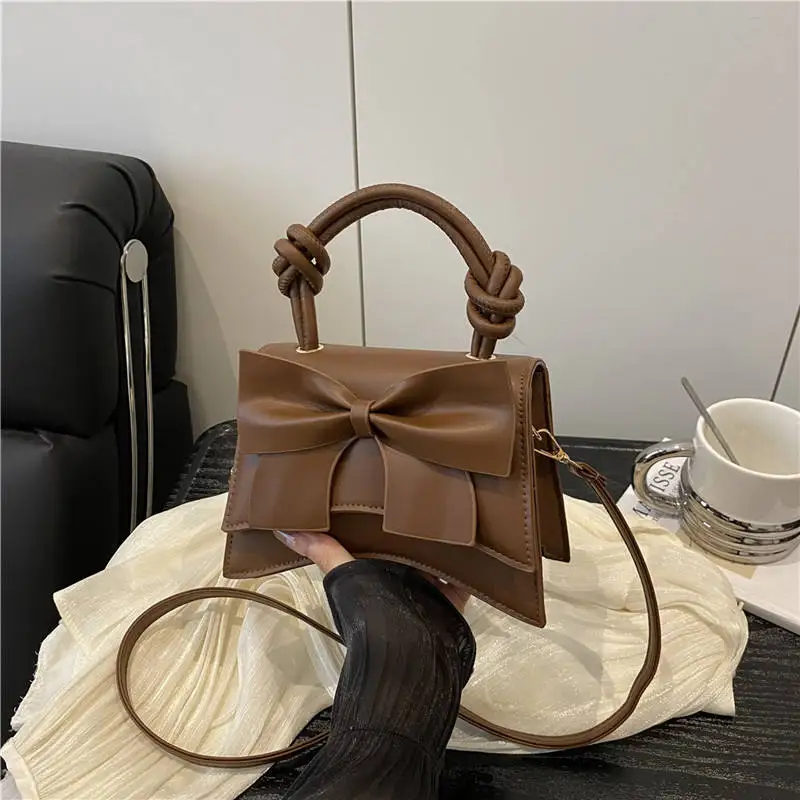 Autumn New Simple Solid Color Portable Shoulder Small Square Bag Texture Bow Casual Crossbody Women's Bag