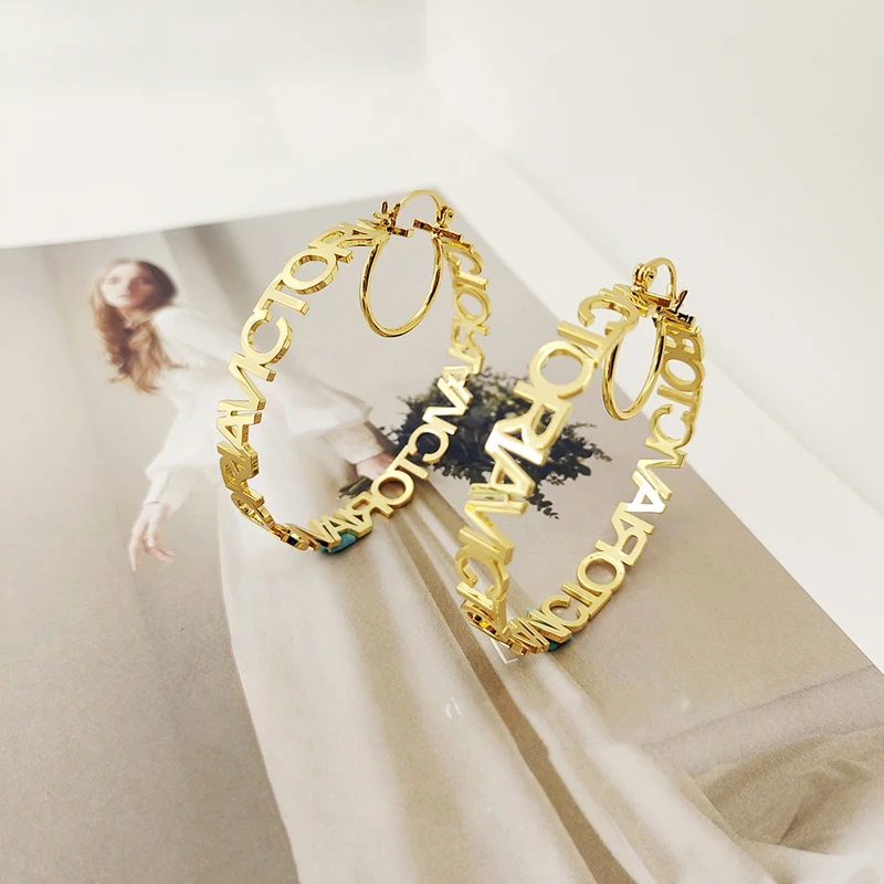 Custom Name Hoop Earring 18K Gold Stainless Steel Personalized Fashion Women Nameplate Alphabet Letter Big Circle Large Earrings