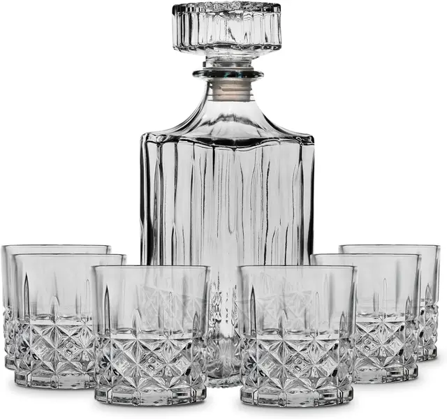 7-Piece Elegant Liquor Carafe Highland Whiskey Decanter and Glass Set with Stopper  for Liquor Wine and Bourbon