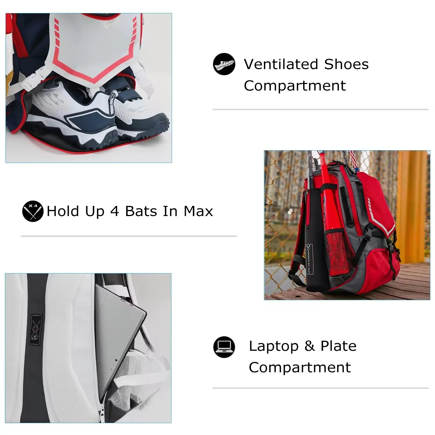 Sac à Dos De Baseball 30L - Compartiment à Chaussures Et Poche à Batte - Noir - Unisexe
