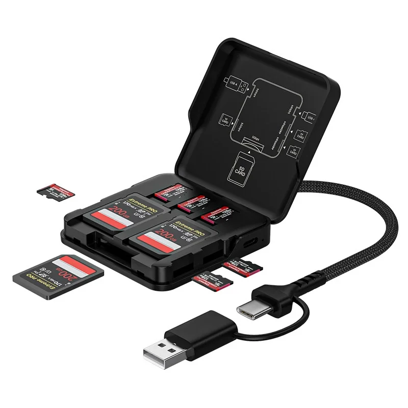 5 in 1 USB3.0 Reader Storage Box Adapter With USB/Type-C Cable Support 5Ports Read Simultaneously for SD/TF Card Storage Manager