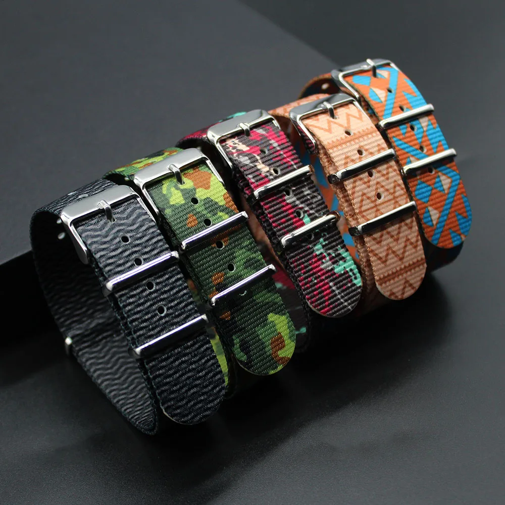 New Pattern Custom Hot Printed Fabric Woven Polyester Nylon Camo Watch Watch Strap Band 20mm Wholesale Manufacturer