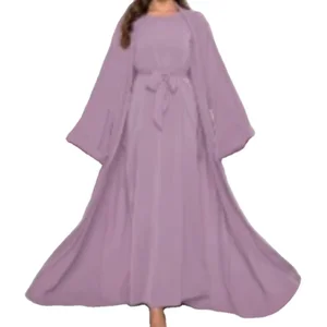 Wholesale New Middle East Muslim Women Loose Solid Color Robe Abaya Long Sleeve Round Neck Dress