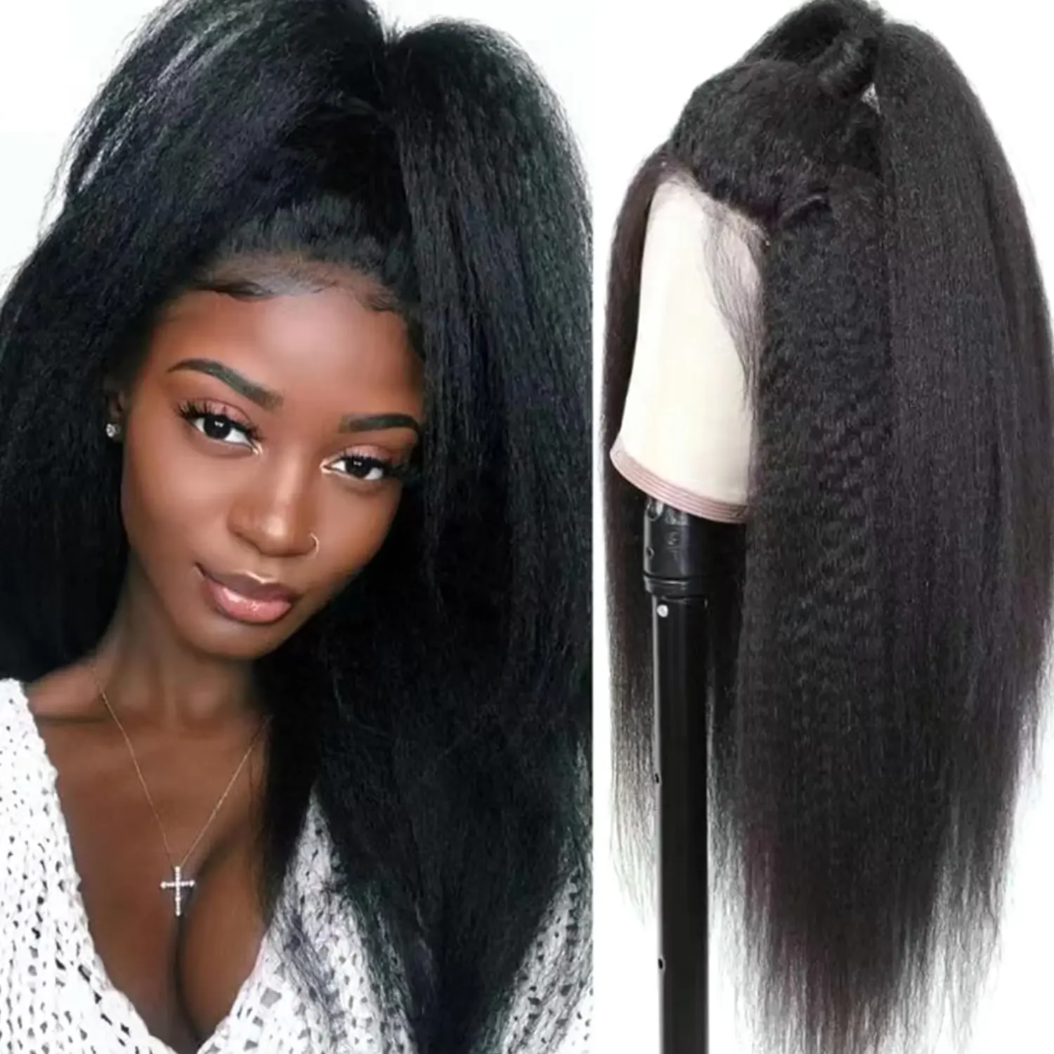 150% Density Kinky Straight Human Hair Wig 5X5 360 Lace Front Pre Plucked with baby hair Natural Color_voghion.com