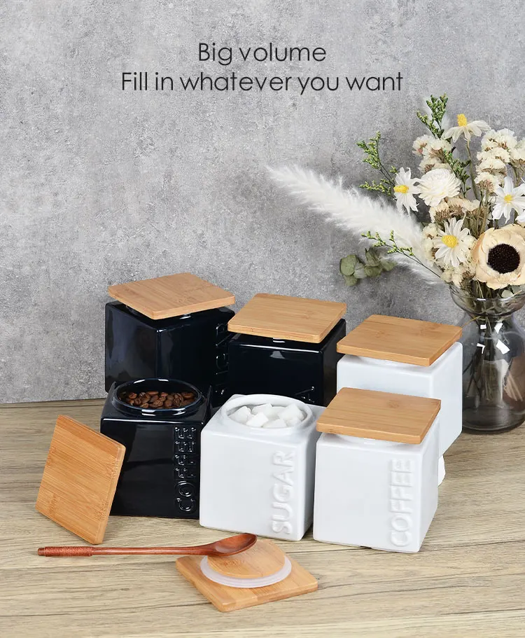 Tea Coffee Sugar Canister Square Shape Ceramic With Wood Lid Houseware