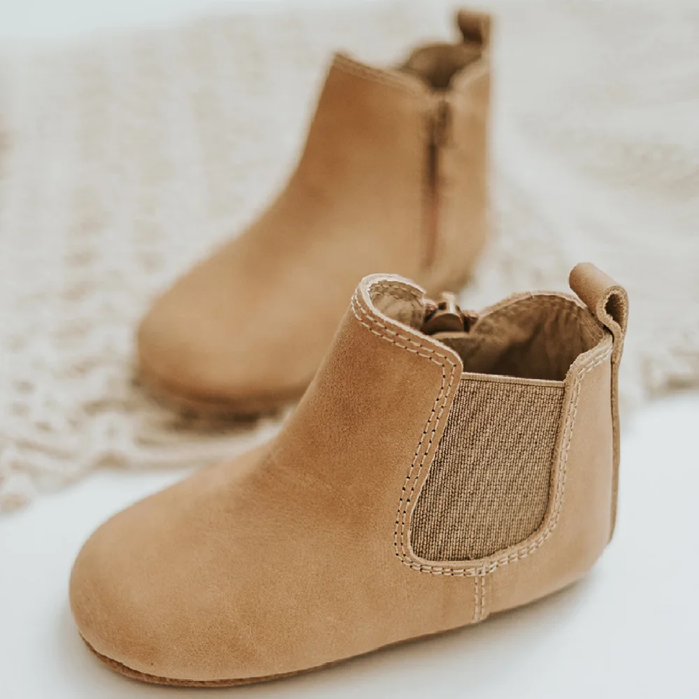 Top-Level Waxed Leather Soft Sole Brown Baby Indoor Shoes Baby Chelsea Ankle Boots