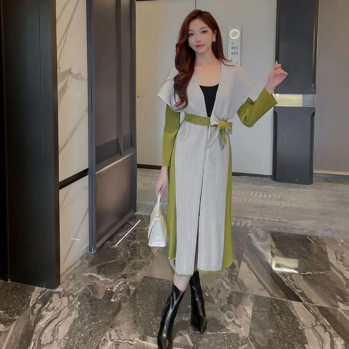 Autumn Miyake Pleated Trench Coat Elegent Ladies Loose Stretch V-neck Long  Sleeved Maxi Formal Casual Dress with Belt