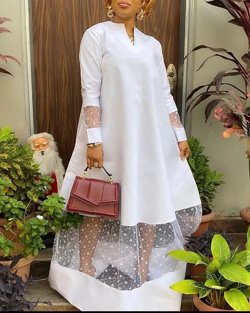 2023 White African Dresses for Women Summer Elegant Long Sleeve V-neck Polyester Long Dress S-3XL Maxi Dress African Clothes 2023 White African Dresses for Women Summer Elegant Long Sleeve V-neck Polyester Long Dress S-3XL Maxi Dress African Clothes