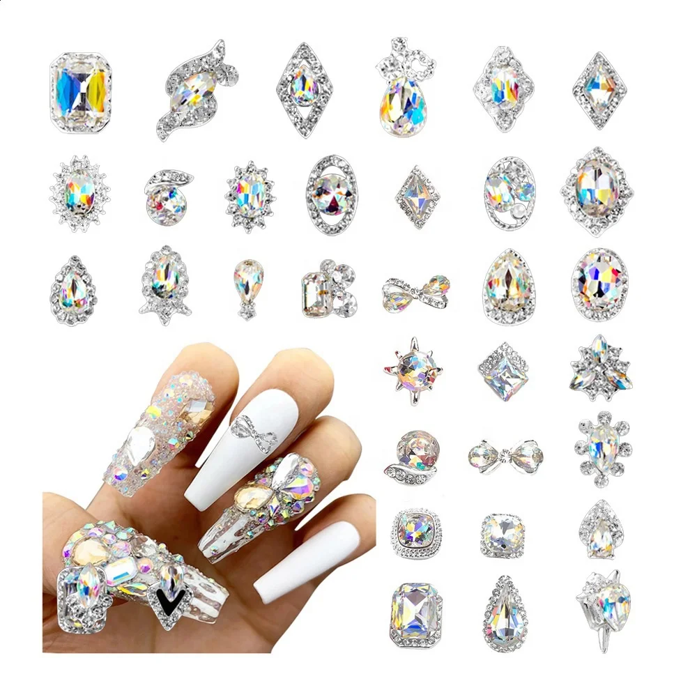 Оптовая продажа, объемные переливающиеся прозрачные бриллиантовые аксессуары для ногтевого дизайна, стеклянные цветные кристаллы AB, наборы страз для ногтей