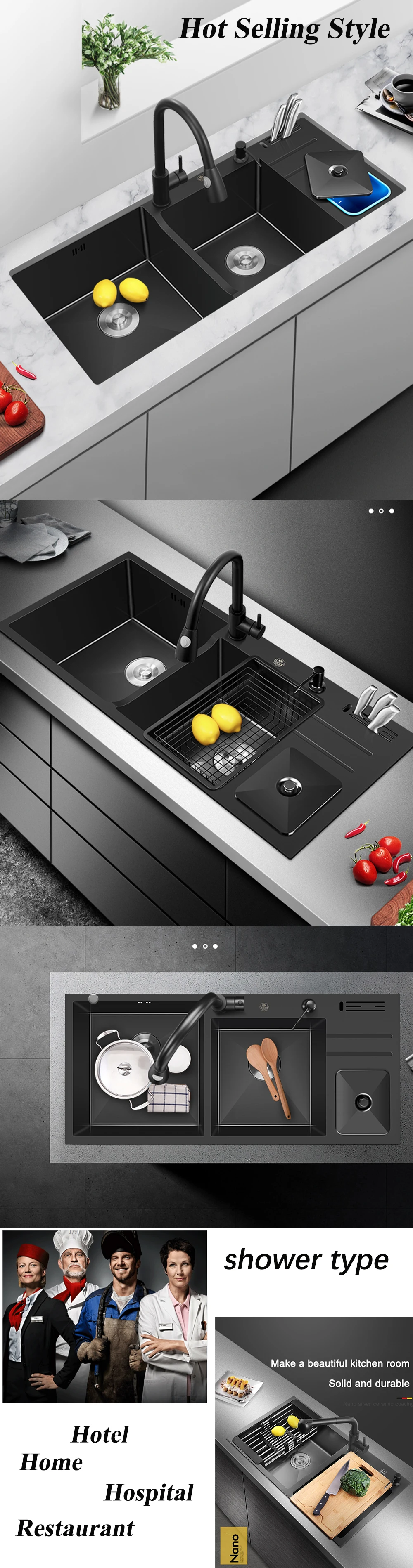 High Quality Black European Kitchen Sink Triple Bowl Basin Big Size 304