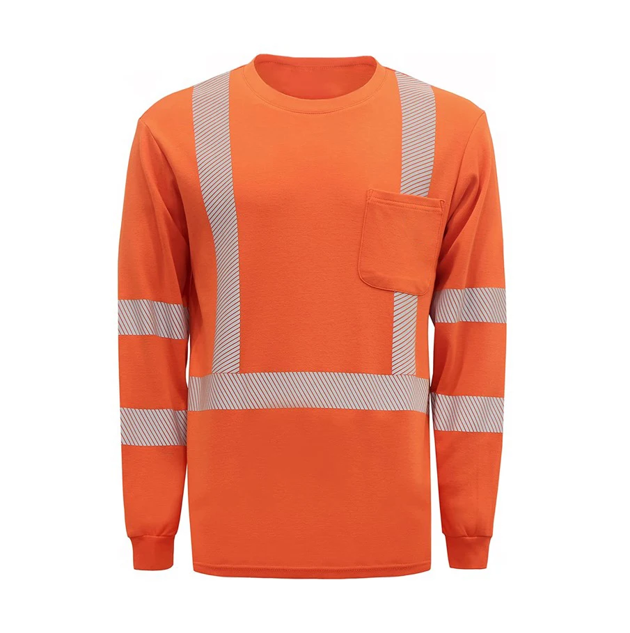 Hi-Vis Orange Polyester/ FR Cotton Long Sleeve Safety Reflective Construction Shirt Reflective Safety Polo Shirt