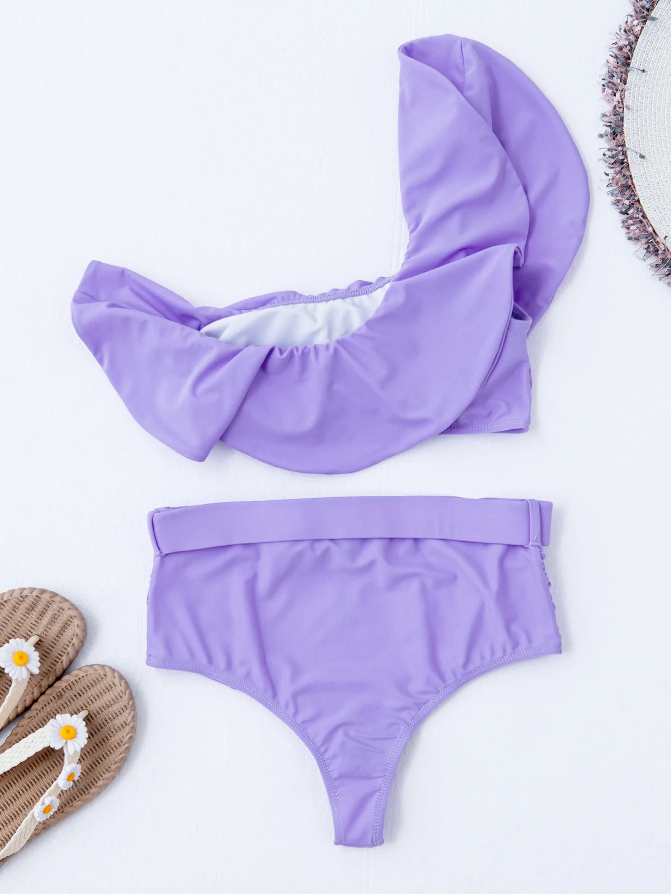 2022 Latest Design One Shoulder Two Piece Swimsuit Bikini Nylon High Waist Solid Color Beach Swimwear