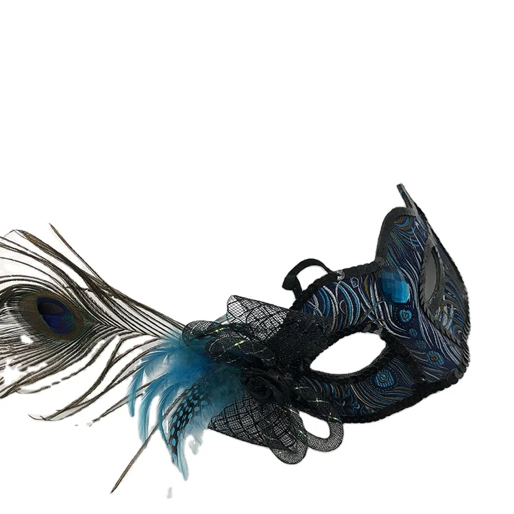 Peacock Feather Venetian Masquerade Mask for Women - Black Blue