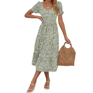 Custom High Quality  Summer Causal Dress Short Sleeve Midi Dress Women Elegant Casual Floral Print Clothing Dresses