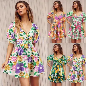 2026 Summer Floral Dress for Women V Neck Short Dresses Elegant Puff Sleeve Elastic Waist Casual Dresses