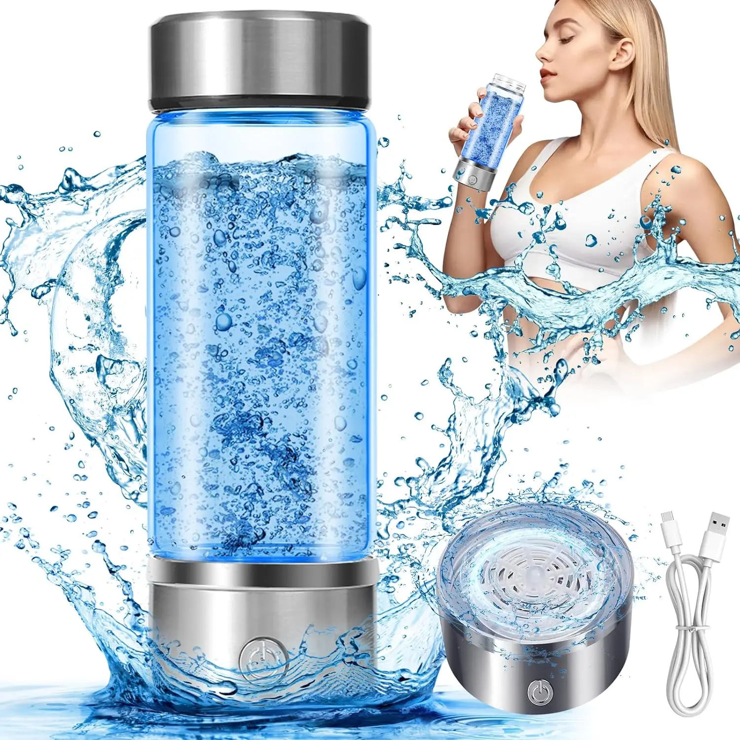 AquaHealth Générateur de bouteille d'eau hydrogène portable rechargeable 470 ml pour la maison, les voyages, le bureau avec tube d'aspiration d' hydrogène