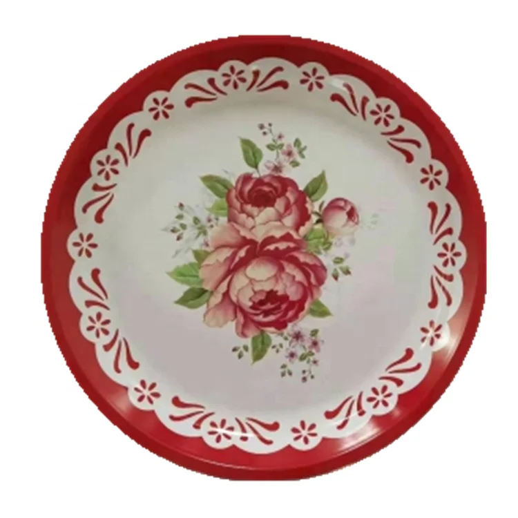 High Quality Tableware Iron Metal Printed Flower Round Tray Dinner Plate