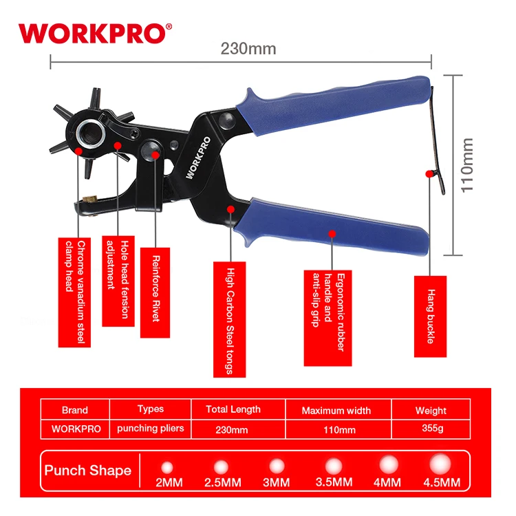 Card Belts Belt Hole Puncher Revolving Heavy Duty Punch Plier with 6 MultiHole Sizes for
