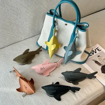 2025 New Genuine Leather Personalized Creative Little Shark Keychain Pendant Cute Fashion Earphone Lipstick Storage Bag Hanging