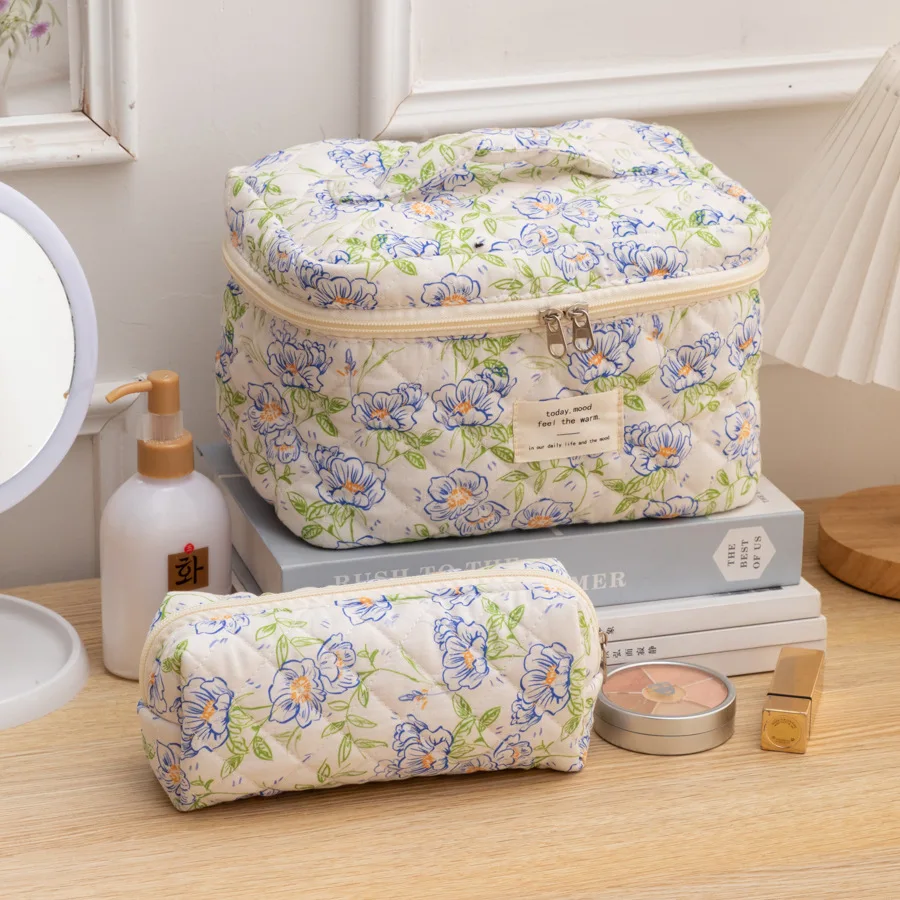 Quilted Makeup Bag Floral Cosmetic Bag Puffy Coquette Makeup Pouch