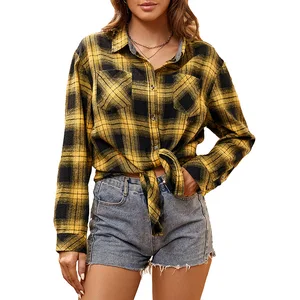 Autumn and Winter Women's Long Casual Top with Large Plaid Woven Flannel Long Sleeve Shirt for Office Occasions