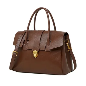 Large Capacity Retro Genuine Leather Handmade Women's Business Tote Bag Waterproof Cross-Border Zipper Hand-Held Briefcase for